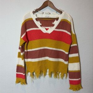 Full Circle Trends Frayed Hem V-Neck Striped Sweater L